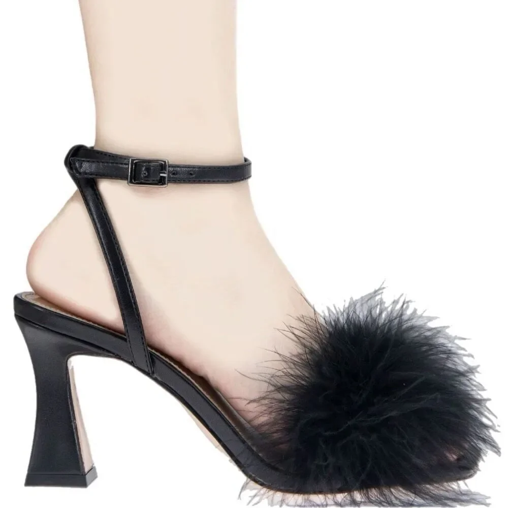 NWT and box BCBG “Relby” faux feather  sandals in black Size 6